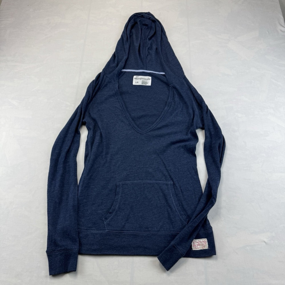 Aéropostale Women's Large Blue Lightweight Hoodie V-Neck Kangaroo Pocket